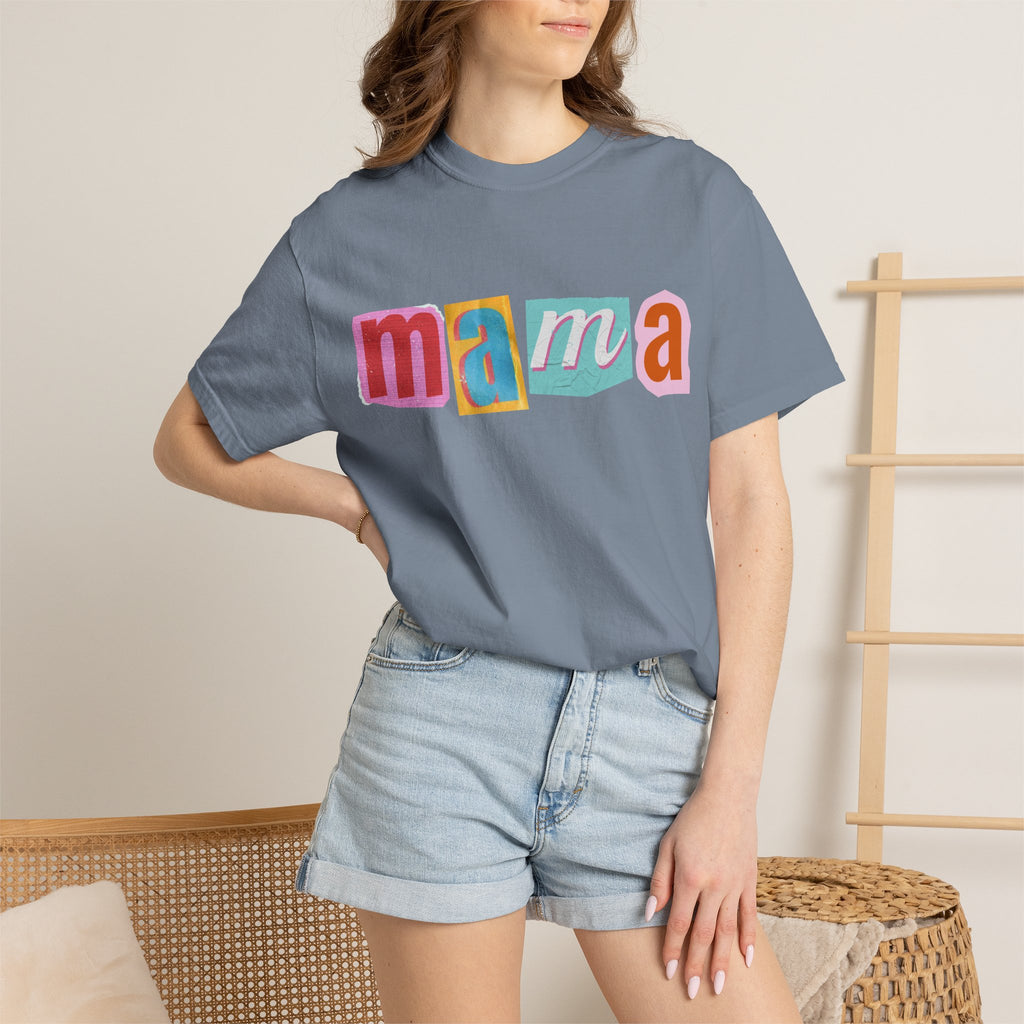 Mama Colorblock T-Shirt — Retro Patch Lettering Tee for Moms