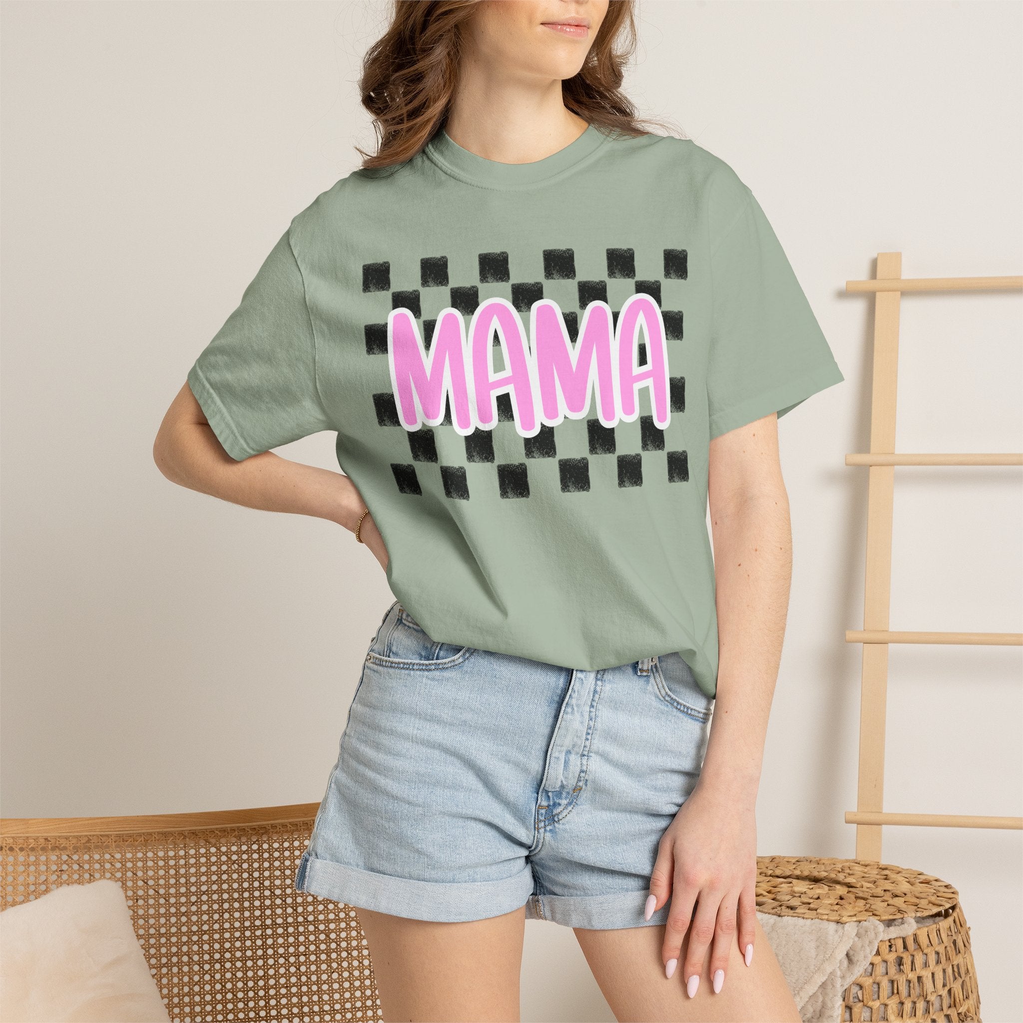 Mama Checkerboard T-Shirt — Pink Retro Mom Tee