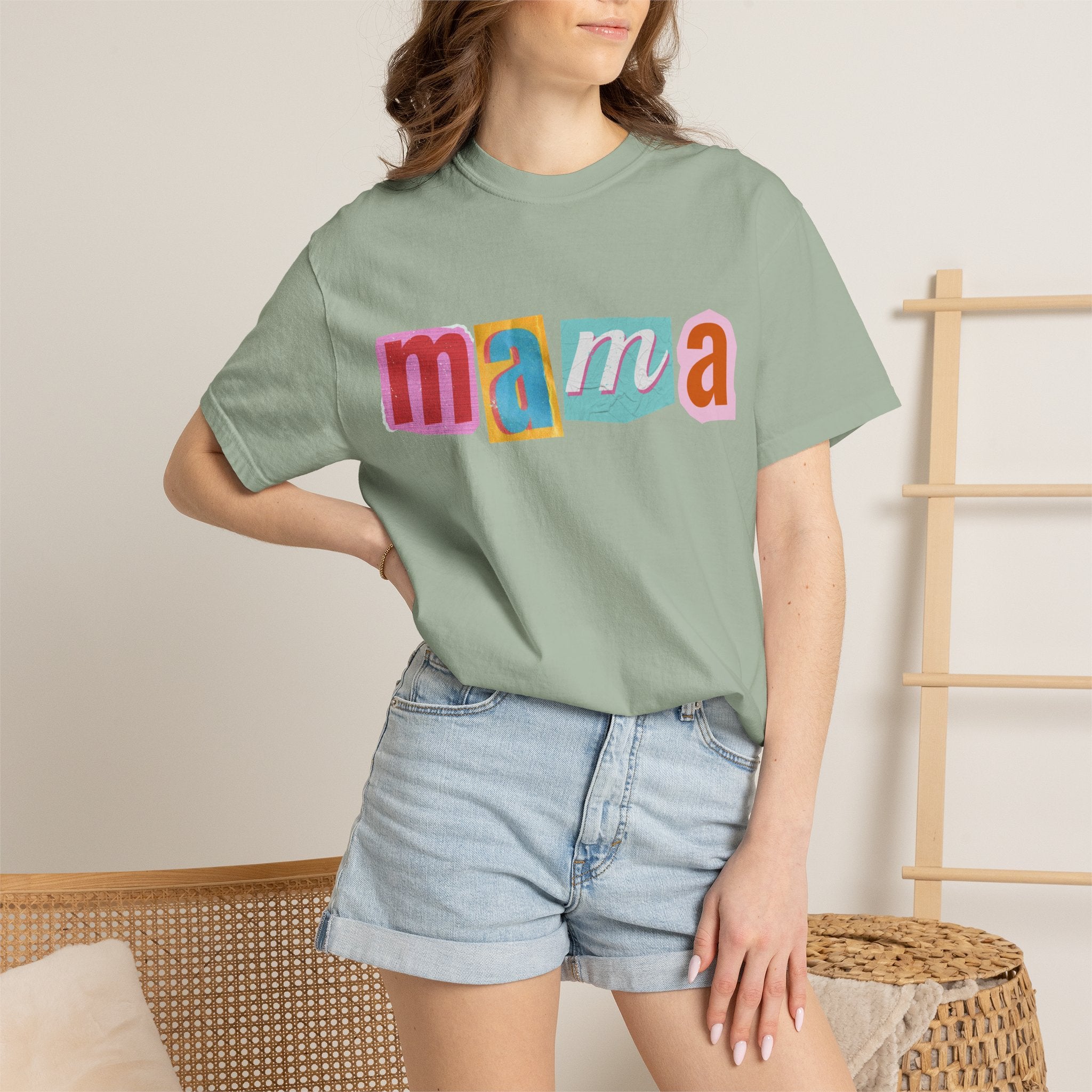 Mama Colorblock T-Shirt — Retro Patch Lettering Tee for Moms