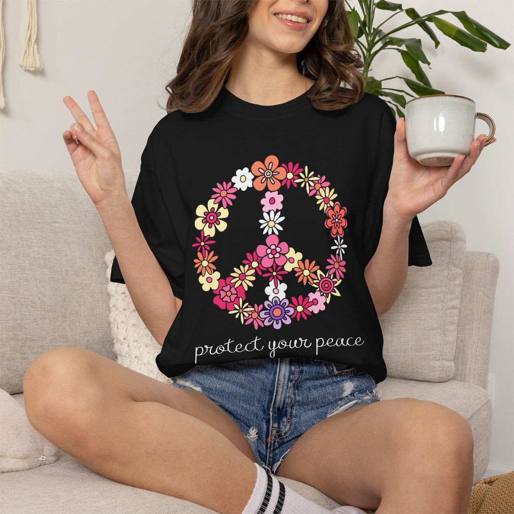 Peace Flower T-Shirt — "Protect Your Peace" Floral Peace Sign Tee
