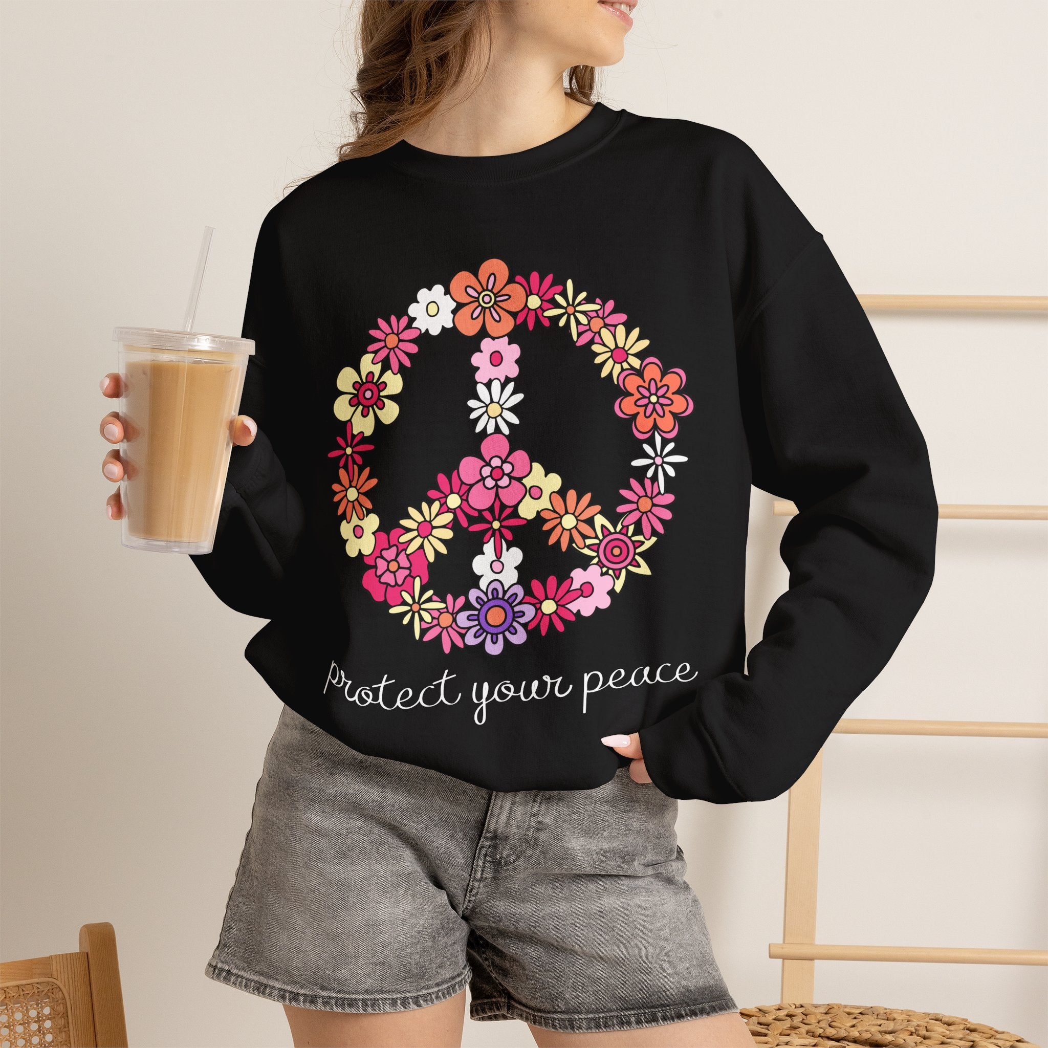 Peace Flower Sweatshirt — "Protect Your Peace" Floral Peace Sign Crewneck
