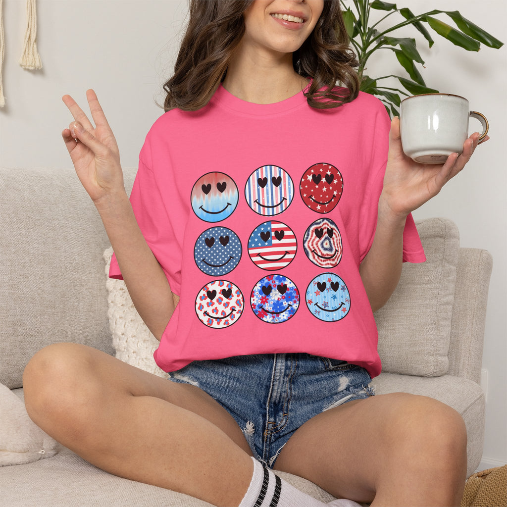 Smiley Icon Grid T-Shirt — Patriotic & Hearts Graphic Tee