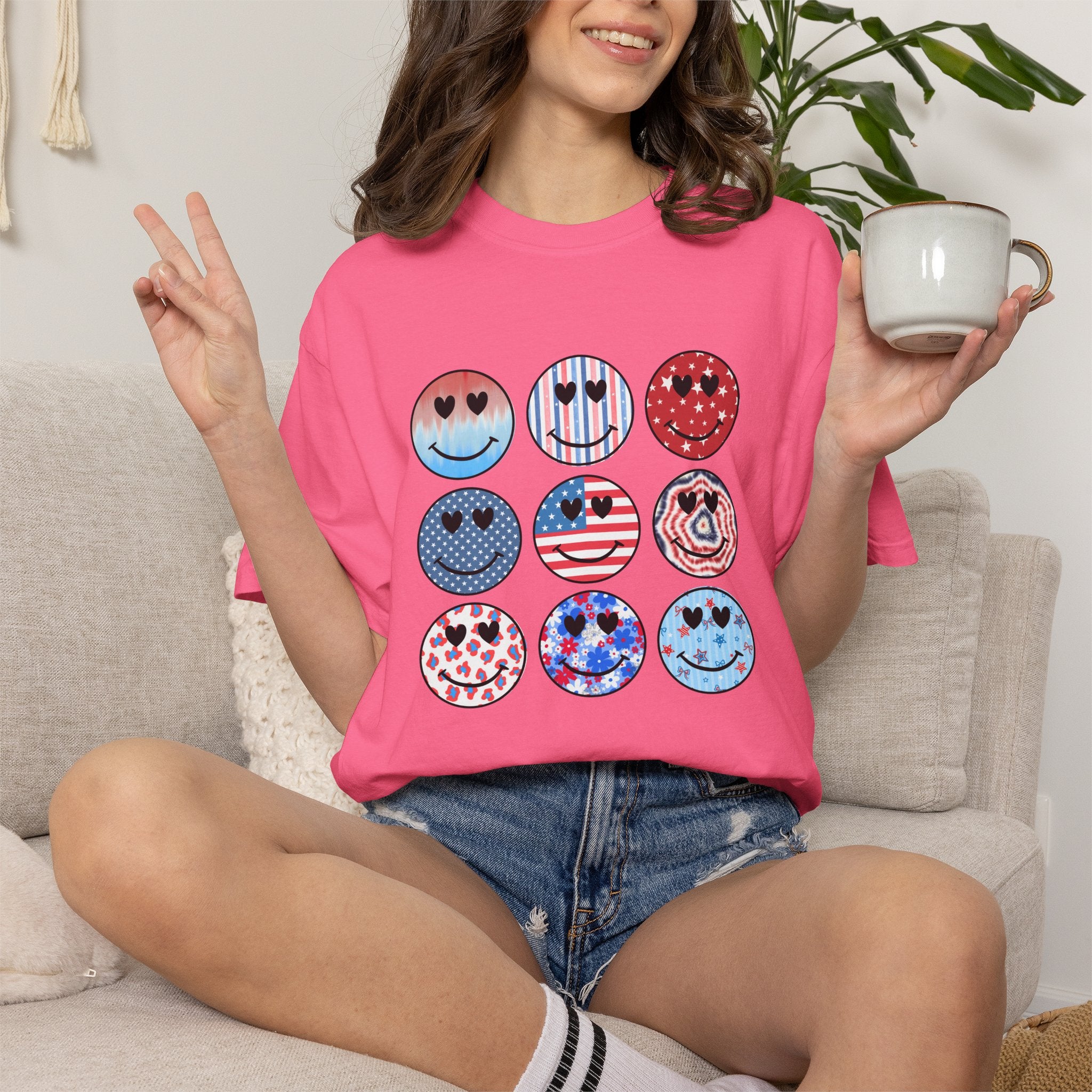 Smiley Icon Grid T-Shirt — Patriotic & Hearts Graphic Tee