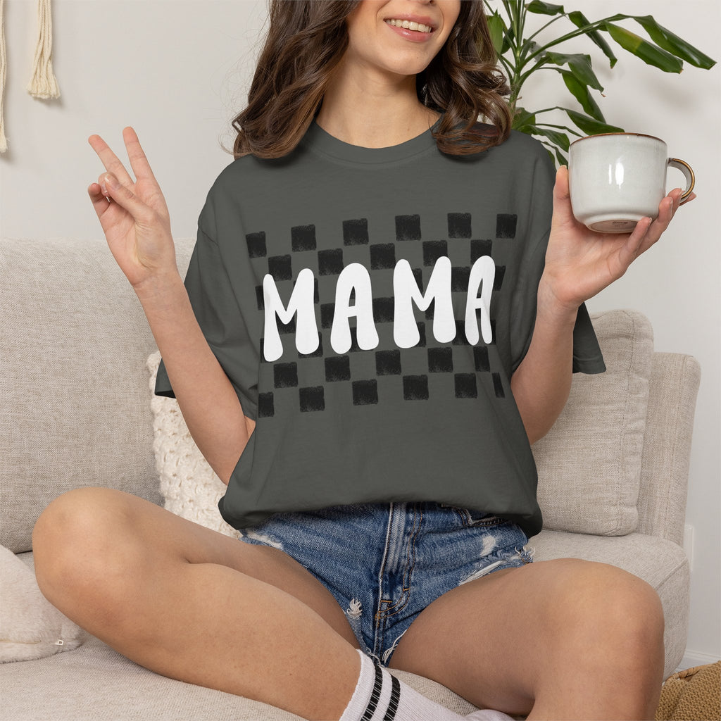 Mama Checkered T‑Shirt — Retro Mom Graphic Tee (Burnt Orange)