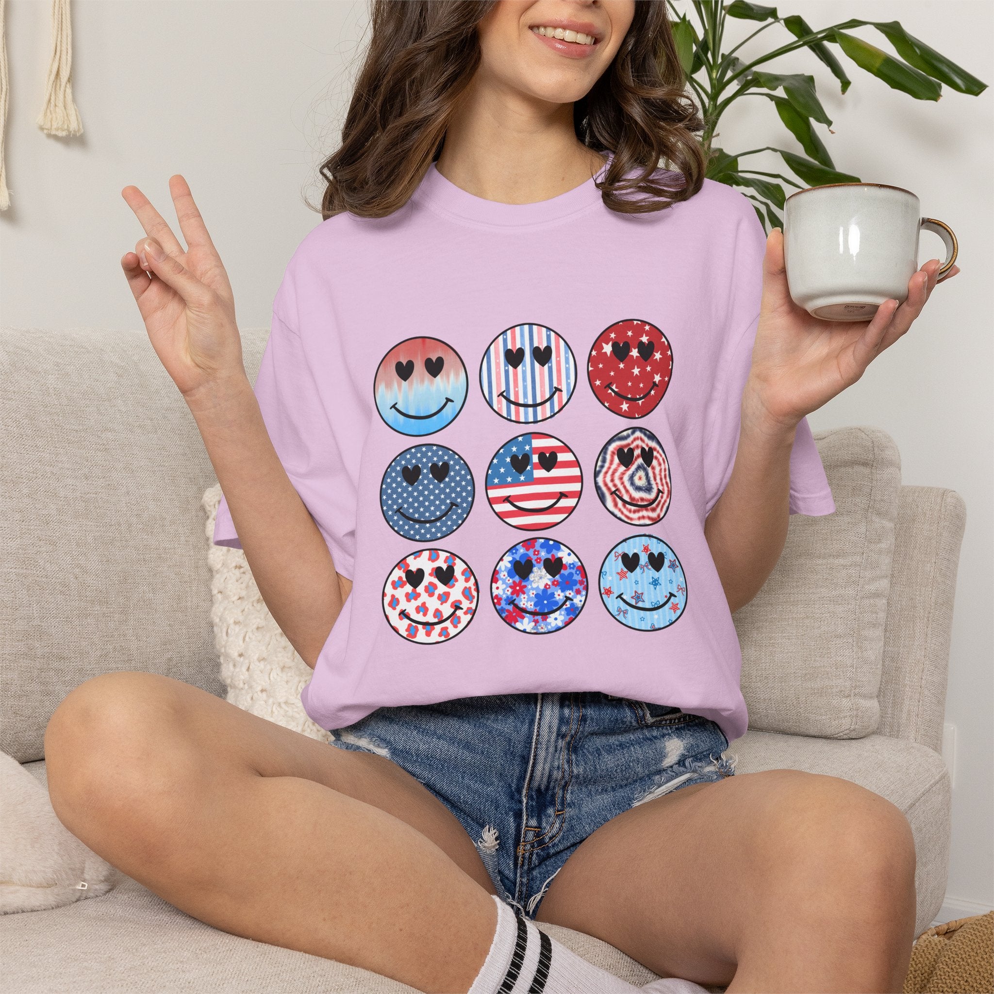 Smiley Icon Grid T-Shirt — Patriotic & Hearts Graphic Tee
