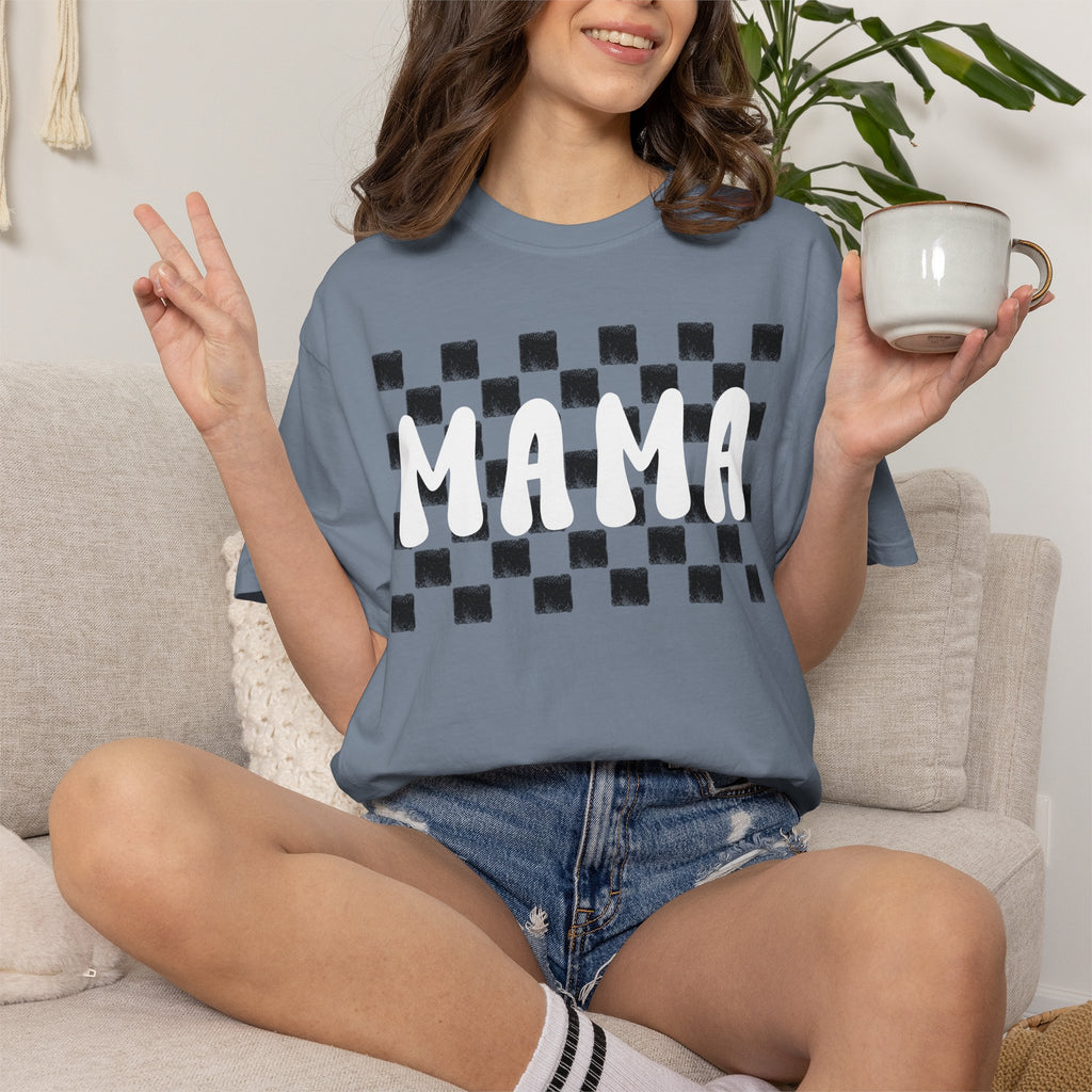 Mama Checkered T‑Shirt — Retro Mom Graphic Tee (Burnt Orange)