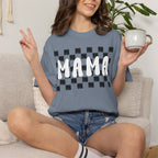 Mama Checkered T‑Shirt — Retro Mom Graphic Tee (Burnt Orange)