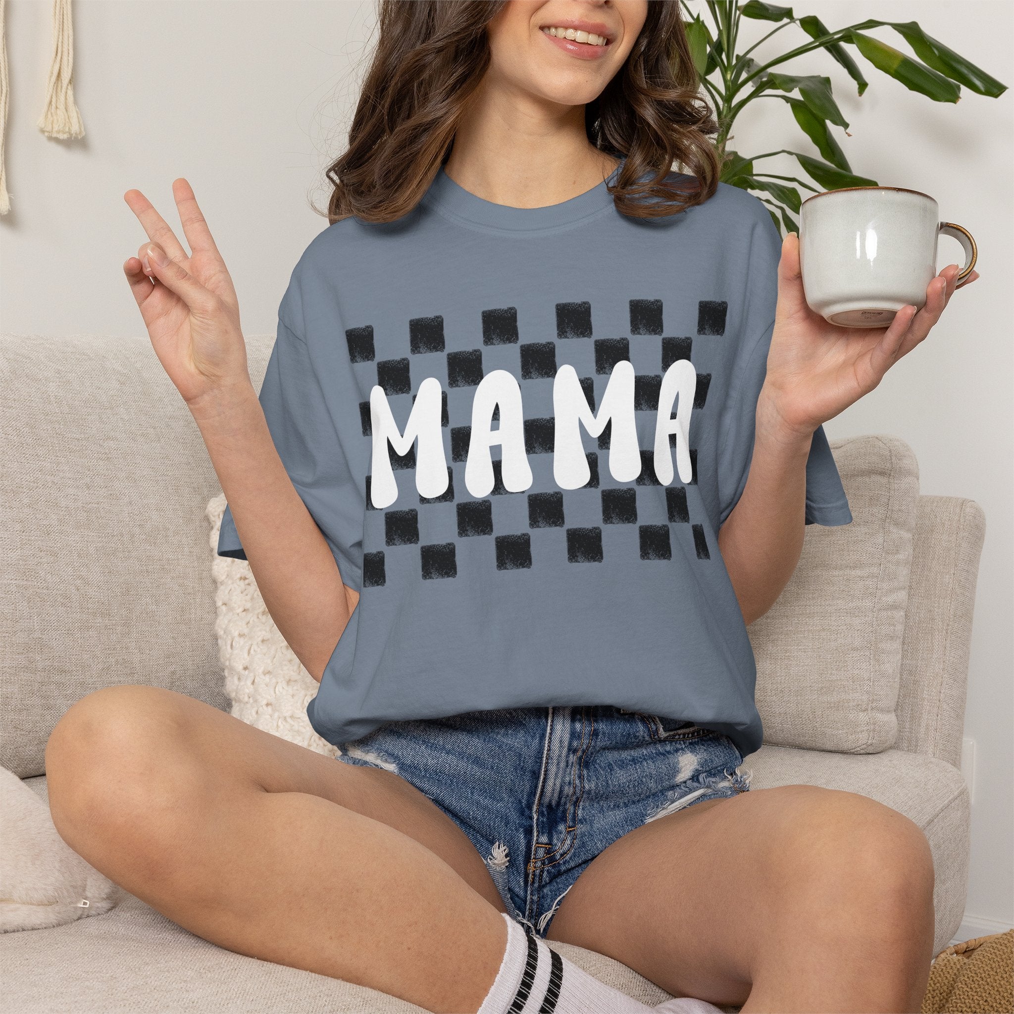 Mama Checkered T‑Shirt — Retro Mom Graphic Tee (Burnt Orange)