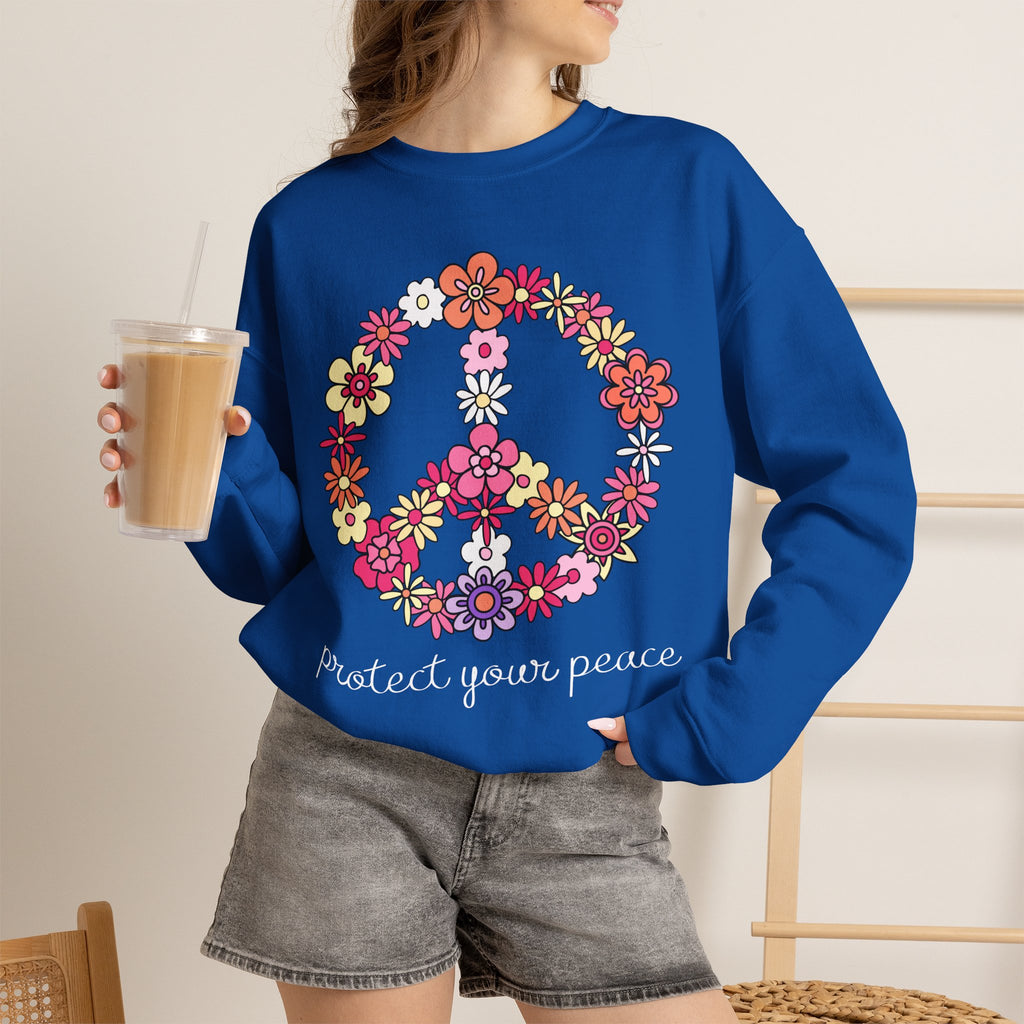 Peace Flower Sweatshirt — "Protect Your Peace" Floral Peace Sign Crewneck