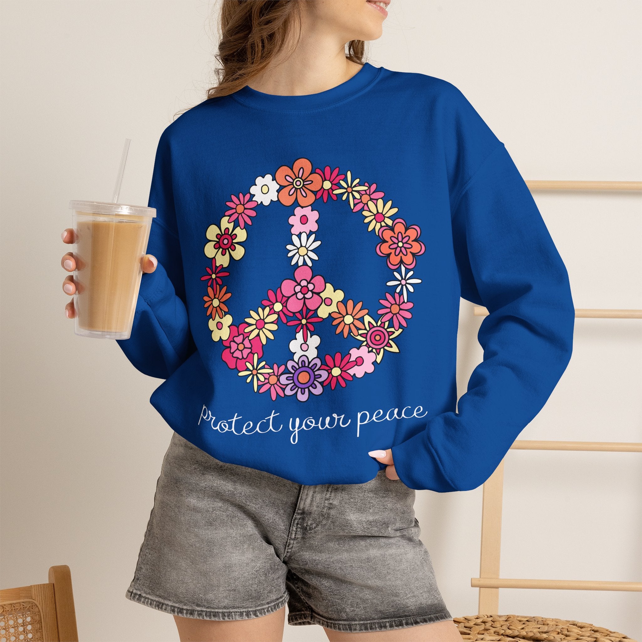 Peace Flower Sweatshirt — "Protect Your Peace" Floral Peace Sign Crewneck