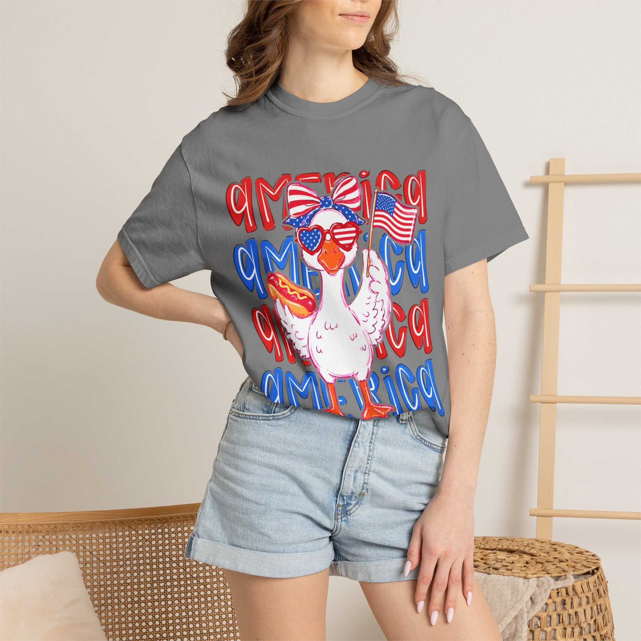 America Duck T-Shirt — Patriotic Funny Duck with Sunglasses & Hot Dog