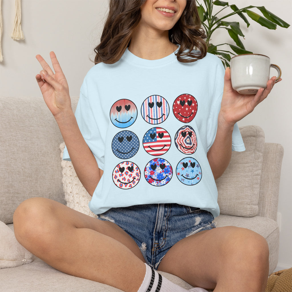 Smiley Icon Grid T-Shirt — Patriotic & Hearts Graphic Tee