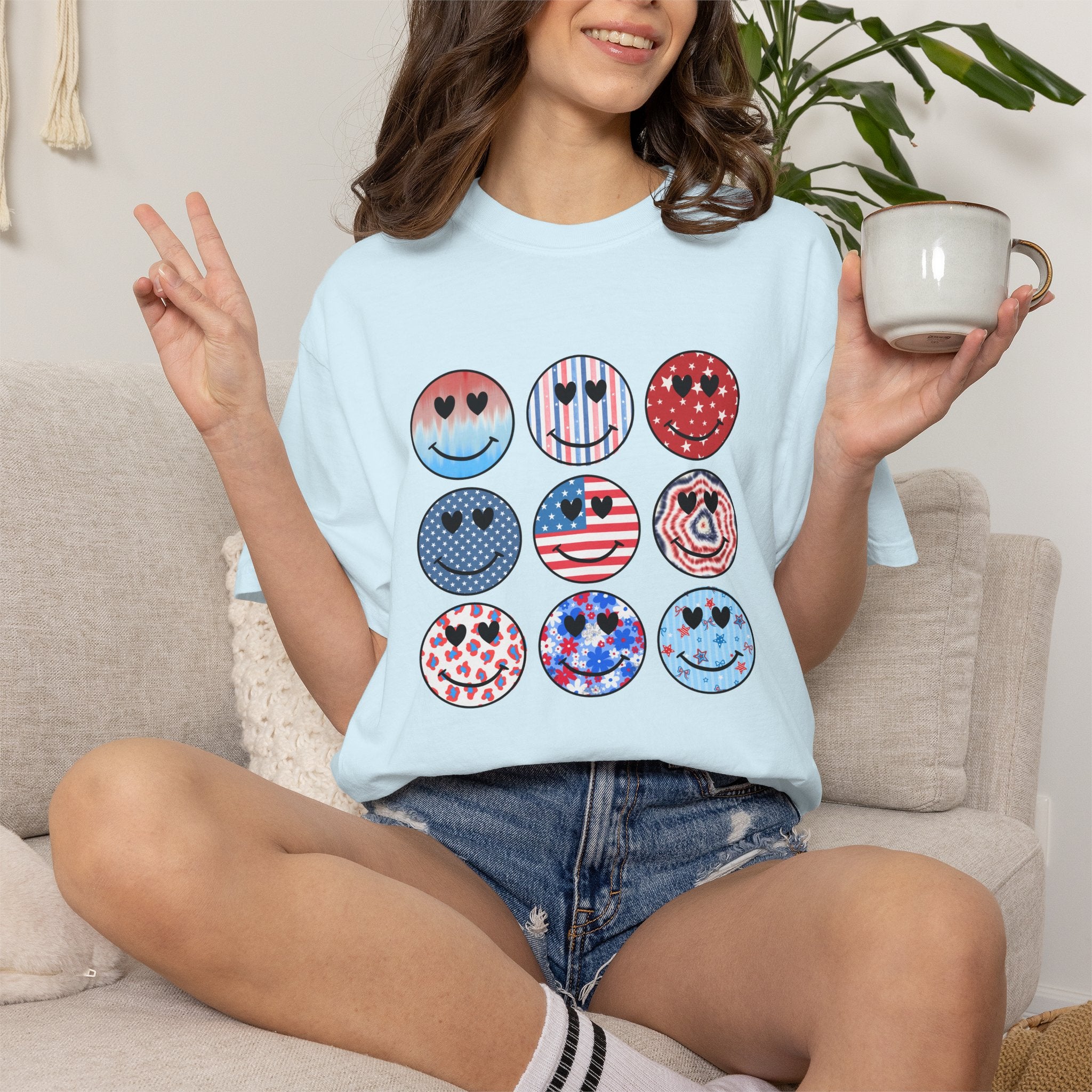 Smiley Icon Grid T-Shirt — Patriotic & Hearts Graphic Tee